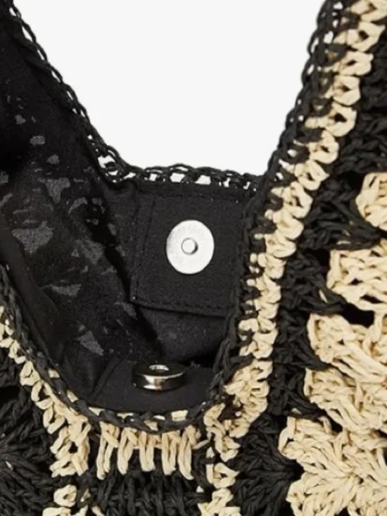 Straw Crochet Hobo Shoulder Bag Black Natural Woven Beach Tote Boho - Picture 2 of 6